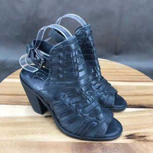 Jessica Simpson Black Leather Slingback Block Heel Peep Toe Sandals Womens Sz 6